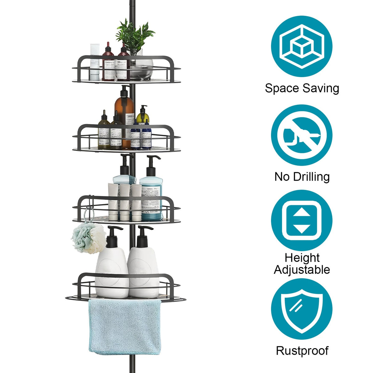 Rust-Resistant Corner Shower Caddy For Bathroom 4 Height Adjustable Shelves With Tension Pole Towel Bar Hanging Hook Floor Standing Bath Storage Rack