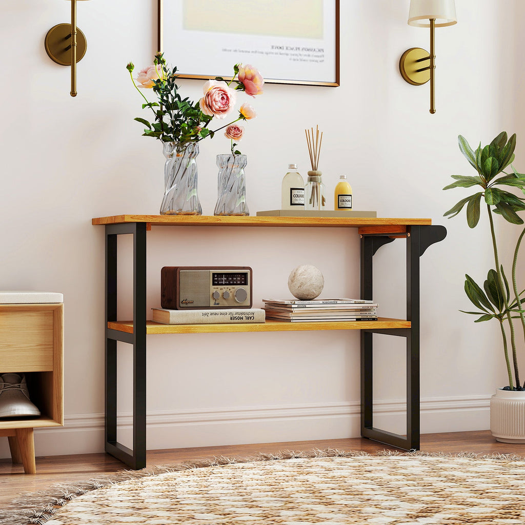 2-Tier Solid Teak Wood Bathroom Shelf with Towel Rack