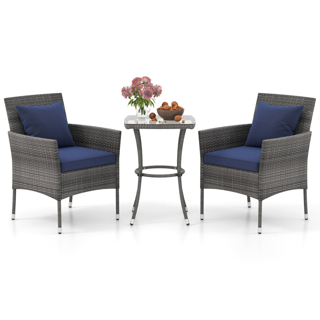 3 Pieces Patio Furniture Set with Cushioned Patio Chairs and Tempered Glass Coffee Table