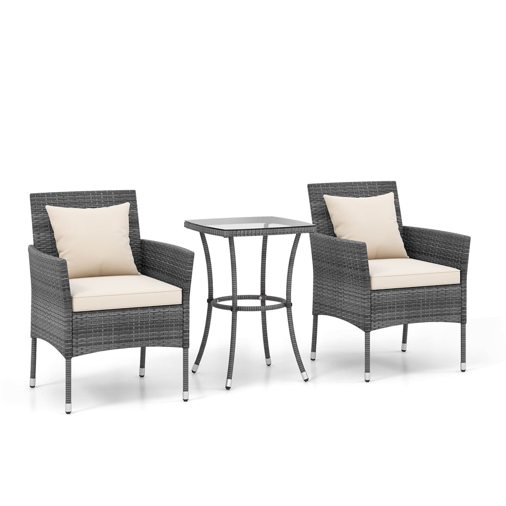 3 Pieces Patio Furniture Set with Cushioned Patio Chairs and Tempered Glass Coffee Table