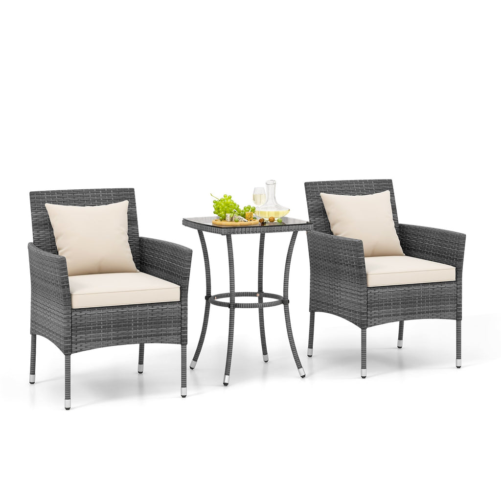 3 Pieces Patio Furniture Set with Cushioned Patio Chairs and Tempered Glass Coffee Table