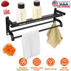 2 Tier Wall Mounted Towel Rack Bar Rail Towel Holder Hanger Bathroom Toiletries Storage Shelf with Nail Free Stickers
