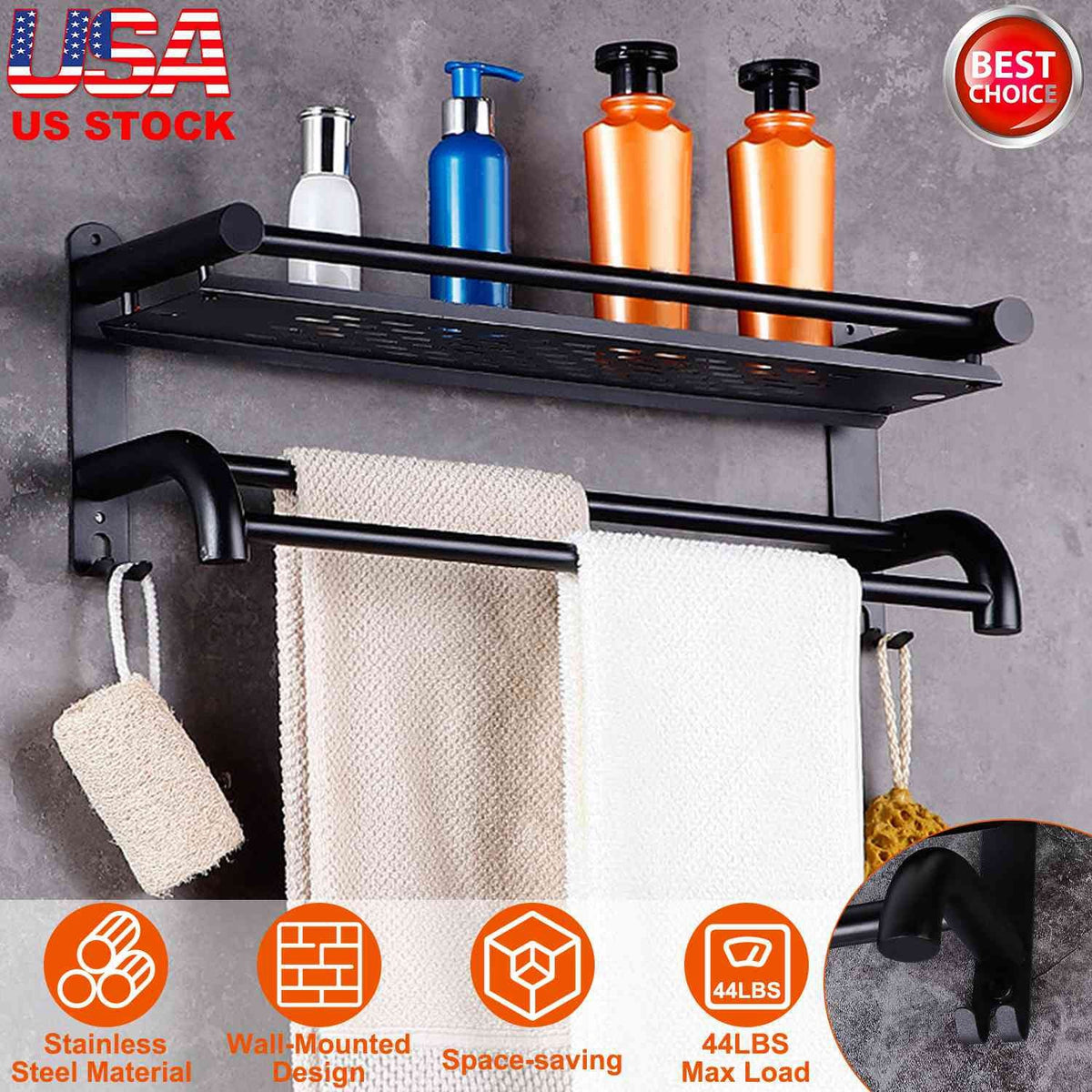 2 Tier Wall Mounted Towel Rack Bar Rail Towel Holder Hanger Bathroom Toiletries Storage Shelf with Nail Free Stickers