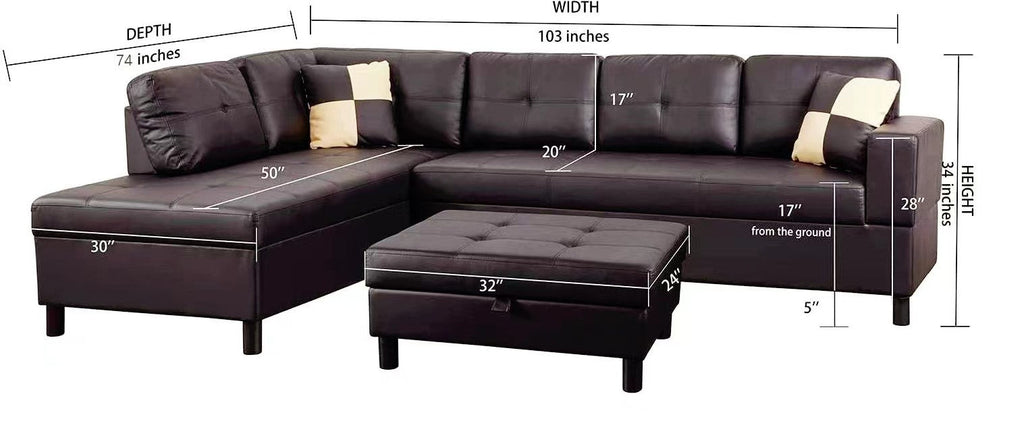 Brown Faux Leather Sectional Sofa Set with Left-Facing Chaise - Brown