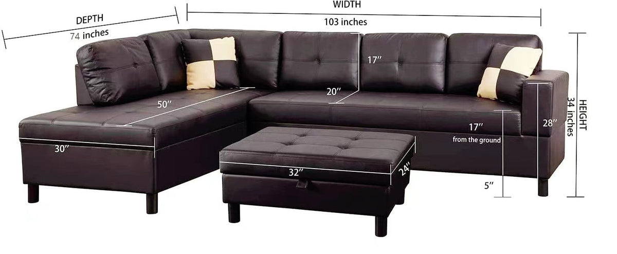 Brown Faux Leather Sectional Sofa Set with Left-Facing Chaise - Brown