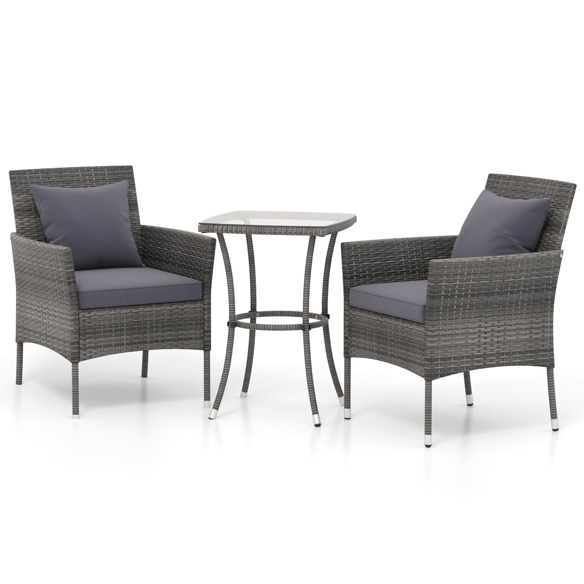 3 Pieces Patio Furniture Set with Cushioned Patio Chairs and Tempered Glass Coffee Table