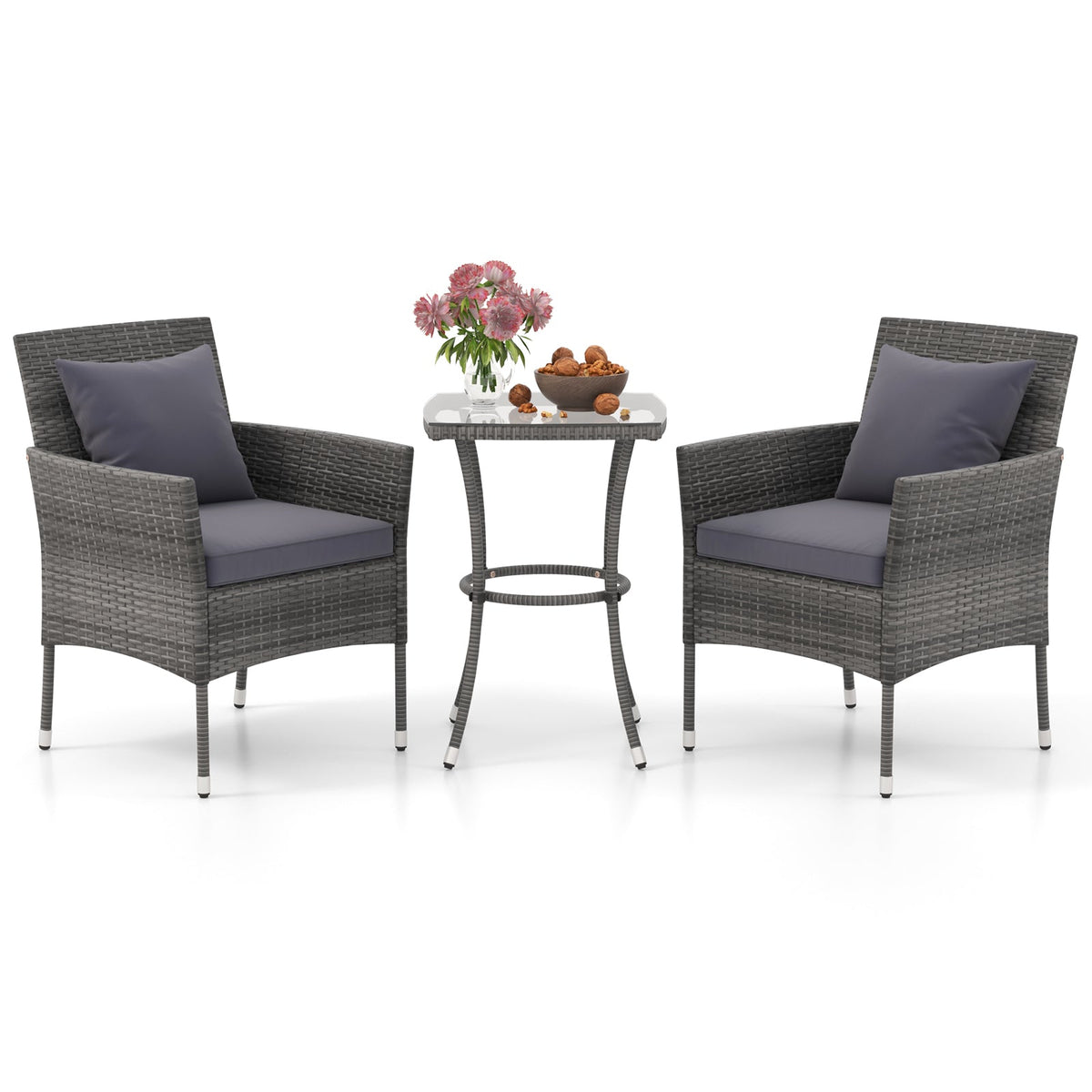 3 Pieces Patio Furniture Set with Cushioned Patio Chairs and Tempered Glass Coffee Table