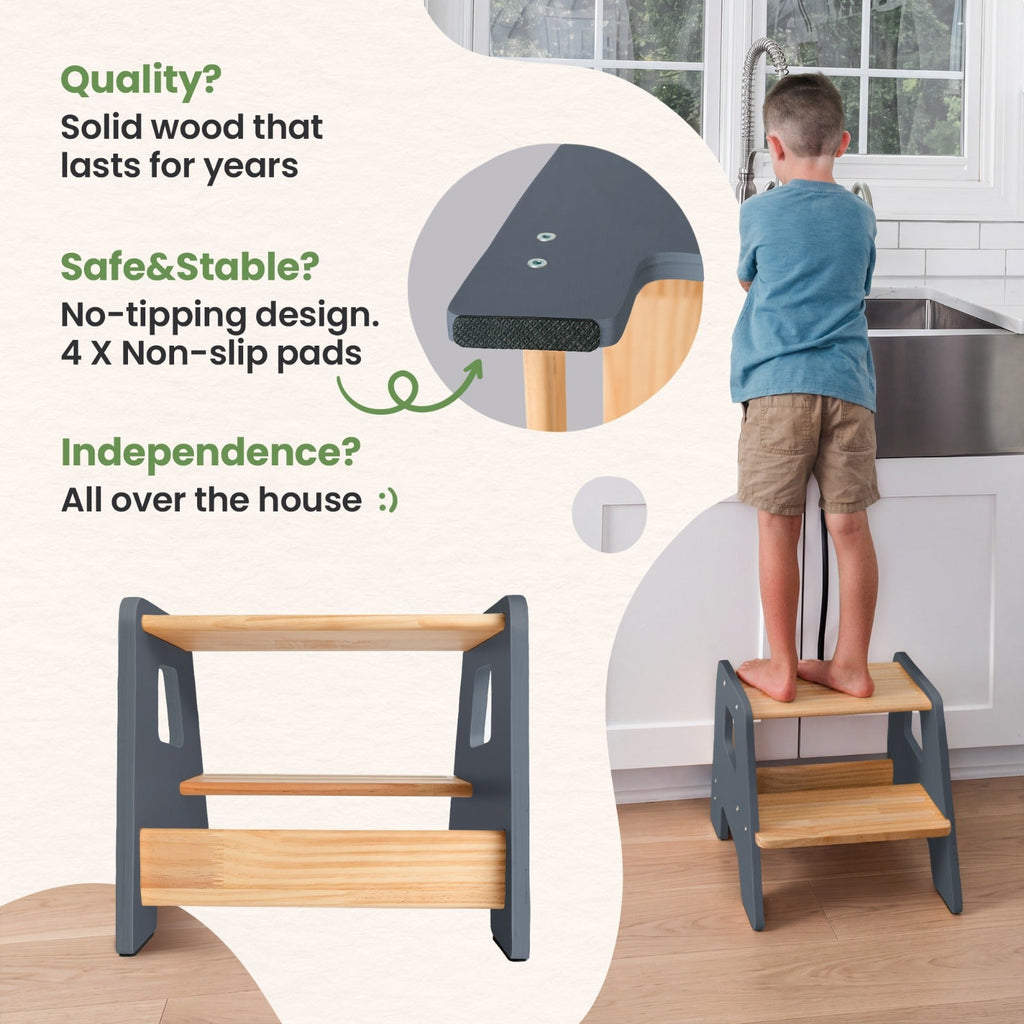 2-Step Wooden Stool for Toddlers(Step Stool for Children Ages 2+)