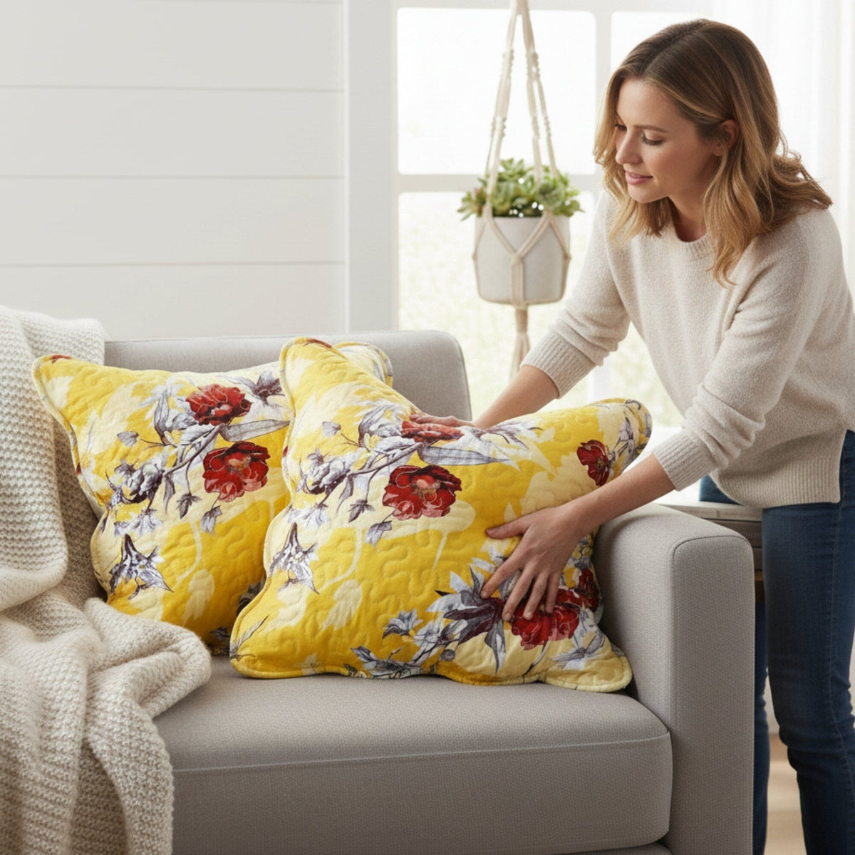 DaDa Bedding Set of 2 Sunshine Yellow Hummingbirds Floral Scalloped Throw Pillow Covers, 18" (JHW925)