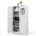 White Bathroom Towel Linen Cabinet with Glass Doors and Storage Shelves