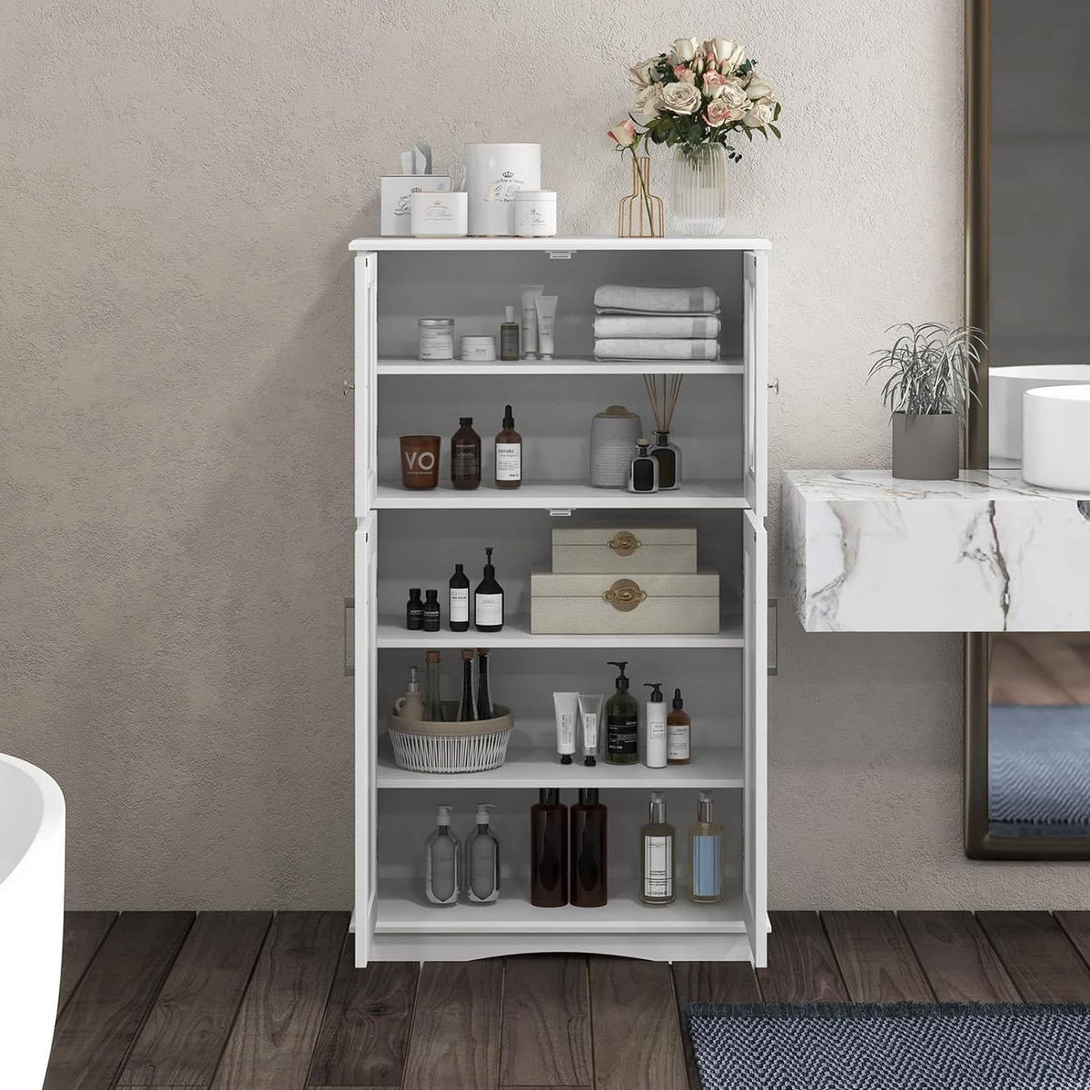 White Bathroom Towel Linen Cabinet with Glass Doors and Storage Shelves