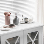 White Bathroom Towel Linen Cabinet with Glass Doors and Storage Shelves
