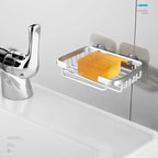 Creative Drill Free Soap Dish Holder Wall Mounted Storage Rack Toilet Soap Box Sponge Dish Bathroom Accessories Soap Dish Holder with Loofah Bath Sponge Towel Razor Holder for Bathroom Shower Kitchen Adhesive Wall Mounted No Drilling