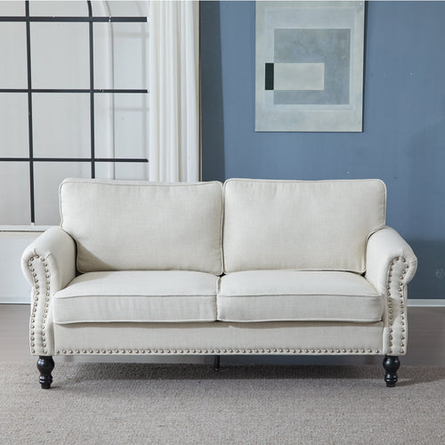 68 Inch Faux Leather Rolled Arm Sofa with Nailhead Trim - Beige