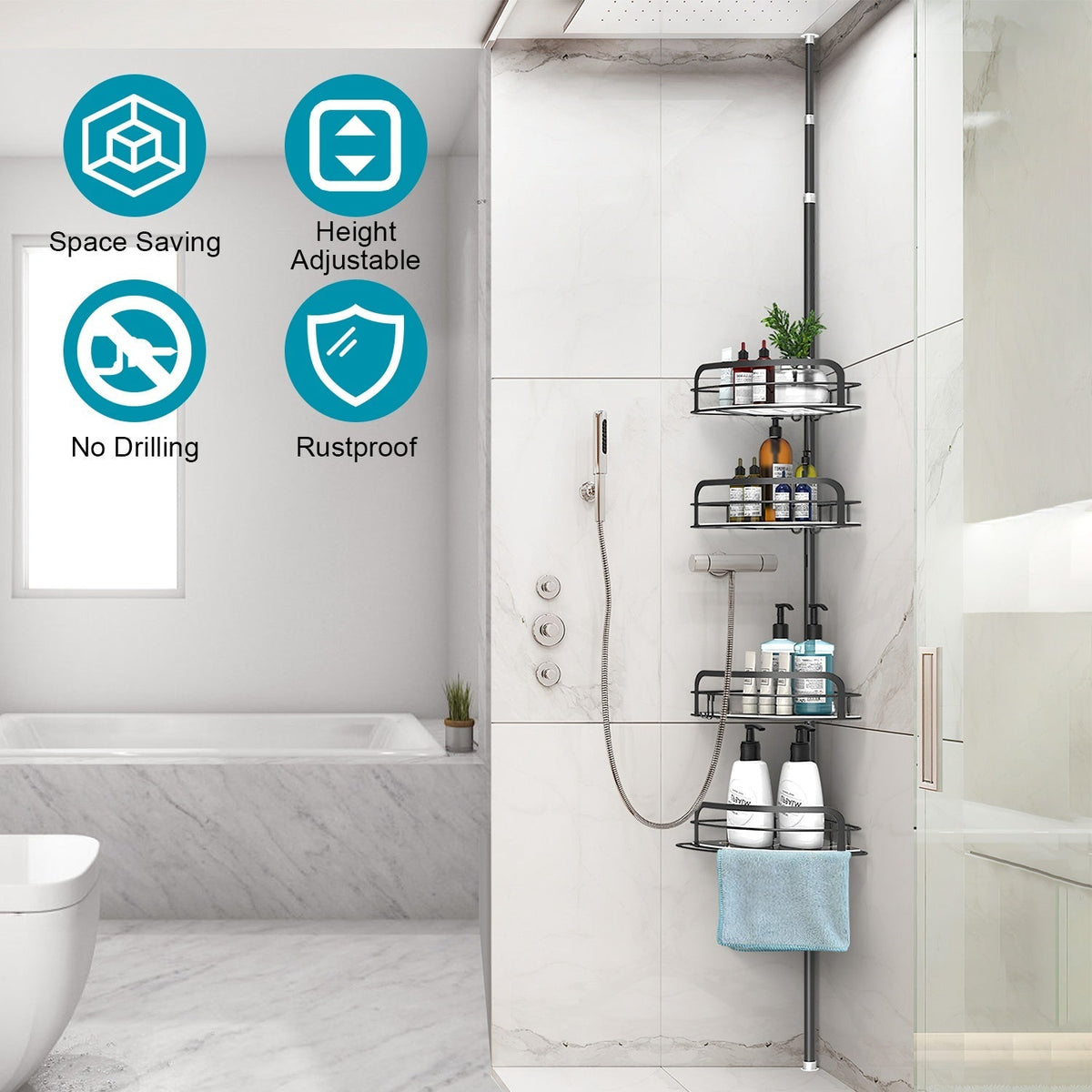 Rust-Resistant Corner Shower Caddy For Bathroom 4 Height Adjustable Shelves With Tension Pole Towel Bar Hanging Hook Floor Standing Bath Storage Rack