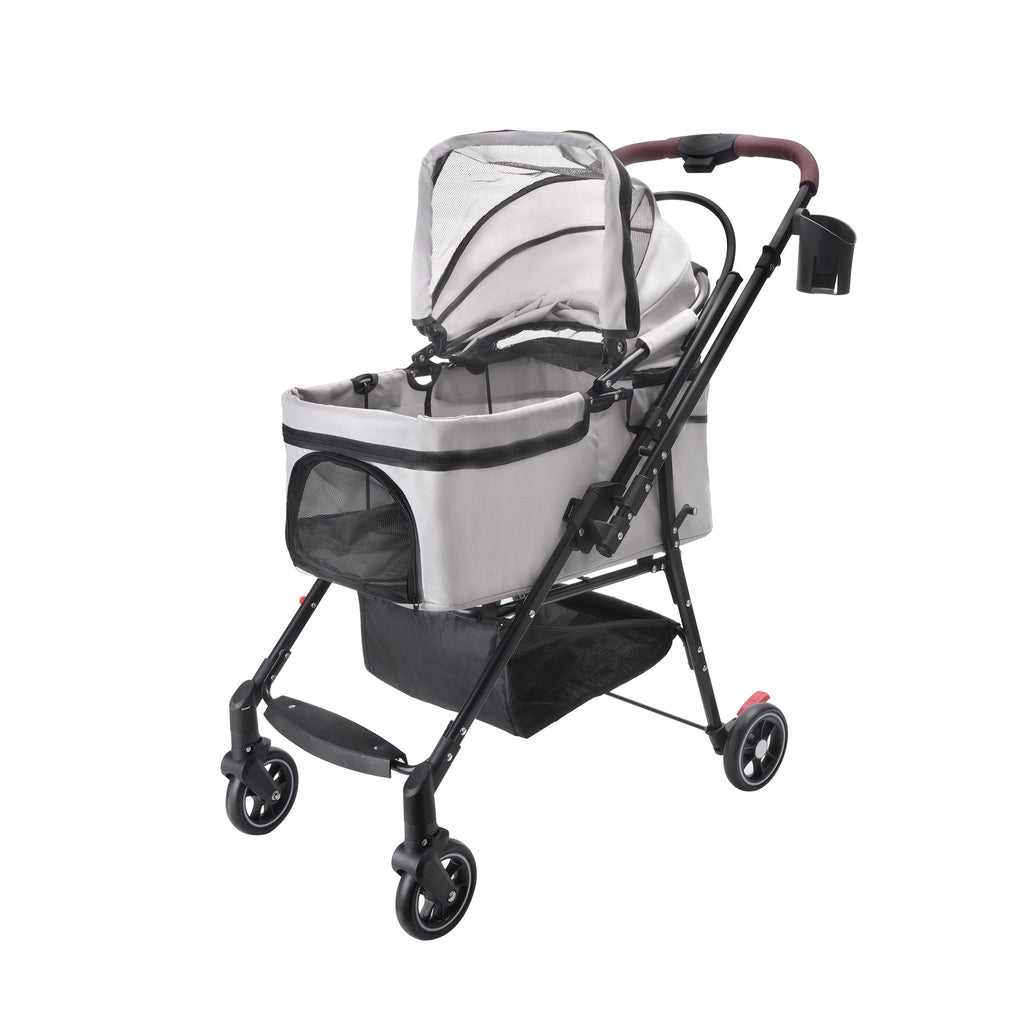 Foldable 4-Wheel Pet Stroller with Adjustable Canopy - Grey